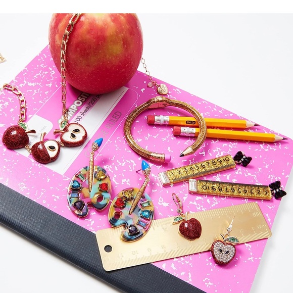 Betsey Johnson Yellow Ruler Drop Earrings With Black Bow - Picture 3 of 3